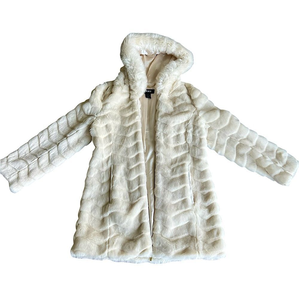 DKNY Long Faux Fur Winter Hooded Jacket with Chevron Pattern Medium